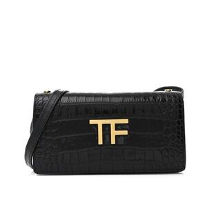 Tom Ford Black Leather Croc-Embossed Crossbody Bag